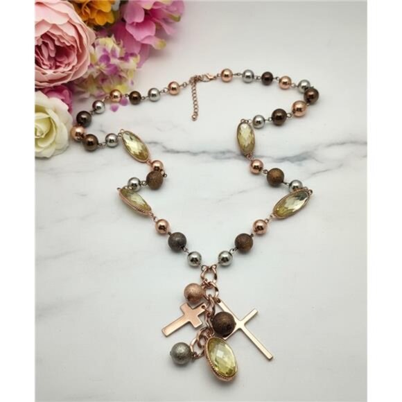 Unbranded Other - Long Copper Tone Cross Necklace Yellow Crystal Beads Boho 29 In Adj.